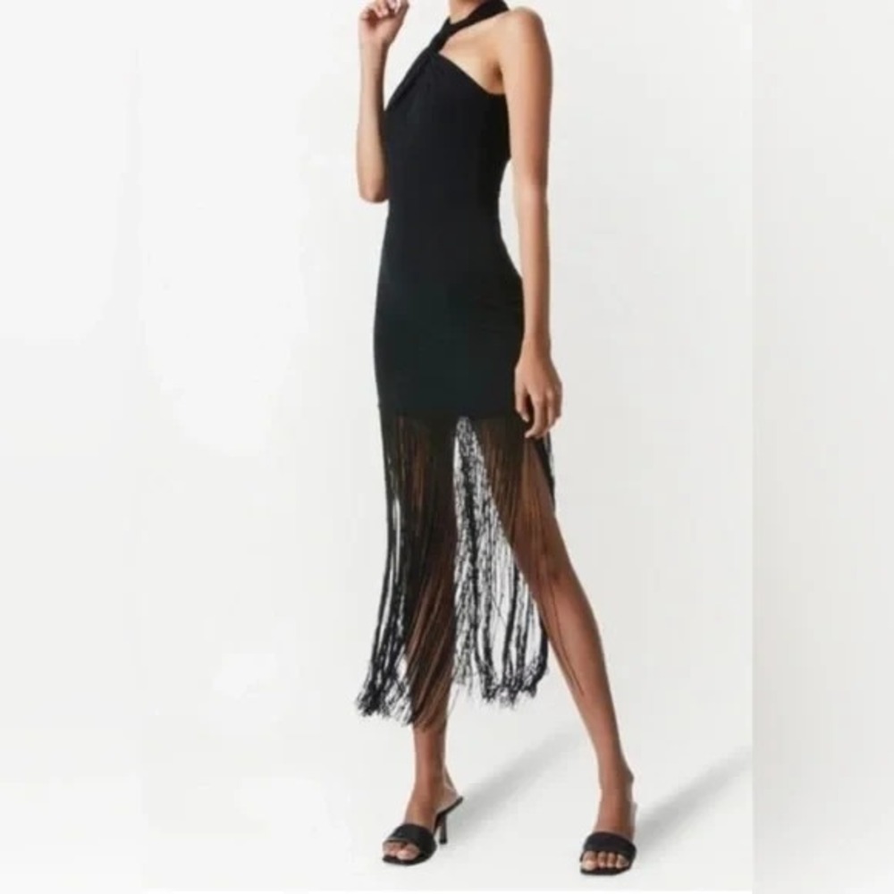 ALICE + OLIVIA Women's Steph Twist-Neck Midi Fringe Dress Black Size 10 NWT